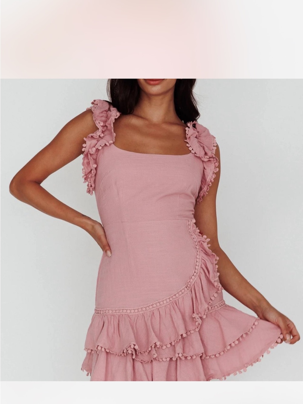 Sleeveless Dusty Pink Ruffle Mini Dress with Square Neck